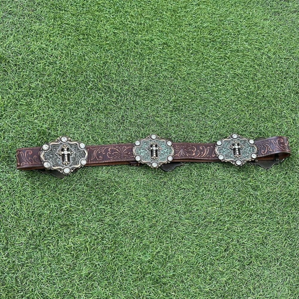 Tony Lama Brown Tooled Leather‎ Swarovski Crystals Concho Cross Western Belt 42 - Picture 2 of 9